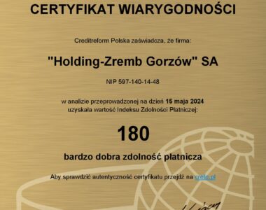 Bardzo dobra zdolność płatnicza naszej firmy potwierdzona przez Creditform!